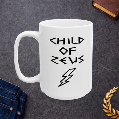 A minimalist black graphic for a white ceramic mug featuring a large, central outline of a lightning bolt. Above the bolt, the text "CHILD OF ZEUS" is written in a sharp, angular font inspired by ancient Greek inscriptions. The entire design is rendered in a clean, high-contrast black outline style.
