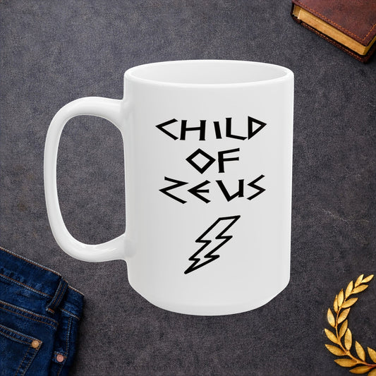 A minimalist black graphic for a white ceramic mug featuring a large, central outline of a lightning bolt. Above the bolt, the text "CHILD OF ZEUS" is written in a sharp, angular font inspired by ancient Greek inscriptions. The entire design is rendered in a clean, high-contrast black outline style.