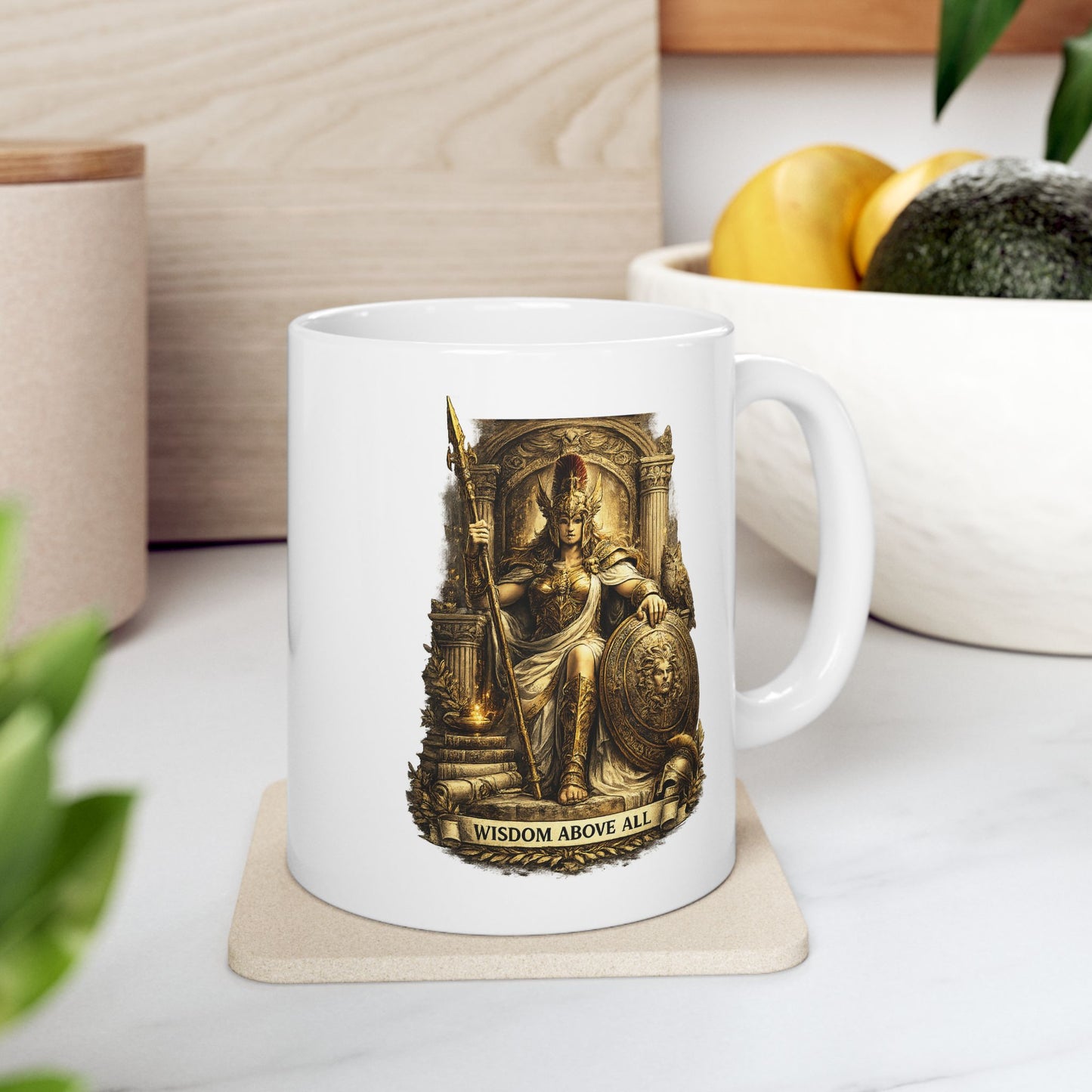 Classical engraving-style illustration of Athena, Greek goddess of wisdom, on a white ceramic mug. She wears ornate gold armor with a winged helmet and holds a spear. Her shield displays a Medusa head. She's seated within an elaborate golden temple with Corinthian columns. A torch glows at the base. Laurel wreath adorns the bottom. Text reads 'Wisdom Above All.' Golden, cream, and earth-tone palette celebrates the divine patron of wisdom, strategy, and warfare in ancient mythology.