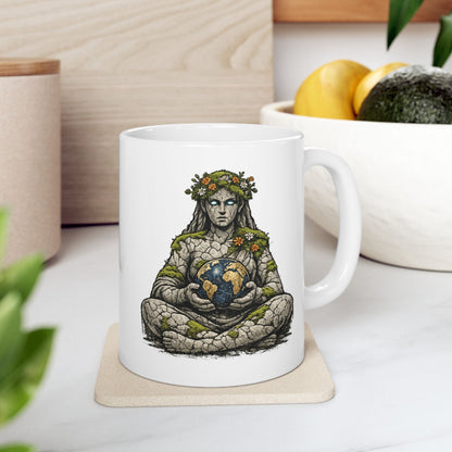 White ceramic mug with an atmospheric illustration of Gaia, the Greek personification of Earth. Depicted as a stone statue sitting cross-legged, her body is covered in patches of green moss and small orange and white flowers. She has glowing white eyes and holds a textured blue and gold globe of the Earth in her hands against a black background. The design features a gritty, ancient, and natural aesthetic.