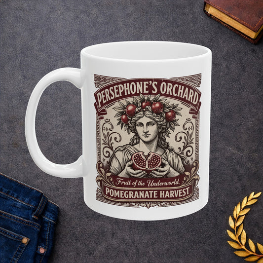 White ceramic mug with a vintage botanical-style illustration of the goddess Persephone, crowned with pomegranates and holding a halved pomegranate revealing its seeds. The artwork is framed by Greek key borders and floral scrolls in a deep burgundy hue. Banners above and below read "PERSEPHONE'S ORCHARD," "Fruit of the Underworld," and "POMEGRANATE HARVEST." The design has an elegant, aged-label aesthetic