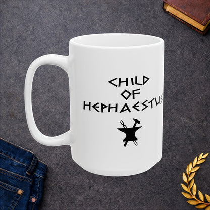 A minimalist black graphic for a white ceramic mug. The design features a central silhouette of a blacksmith's anvil with a hammer and tongs crossed behind it. Above the tools, the text "CHILD OF HEPHAESTUS" is written in a sharp, angular font inspired by ancient Greek inscriptions. The entire illustration is rendered in a clean, solid black style.