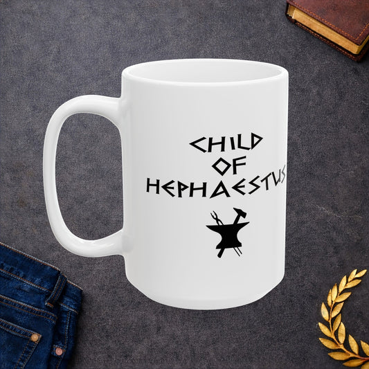 A minimalist black graphic for a white ceramic mug. The design features a central silhouette of a blacksmith's anvil with a hammer and tongs crossed behind it. Above the tools, the text "CHILD OF HEPHAESTUS" is written in a sharp, angular font inspired by ancient Greek inscriptions. The entire illustration is rendered in a clean, solid black style.