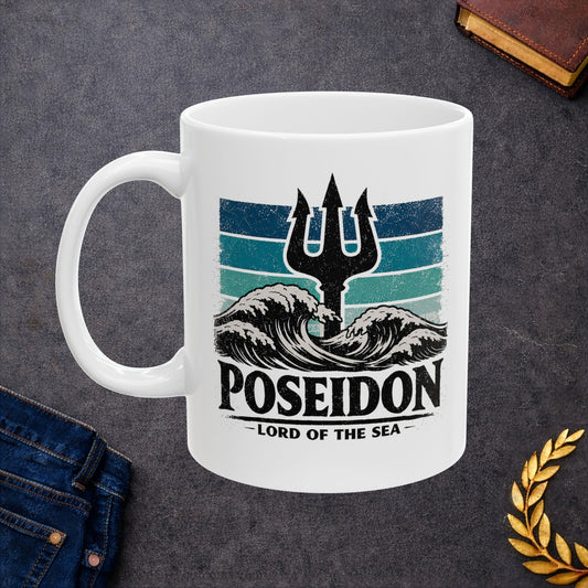 White ceramic mug with retro design featuring Poseidon's black trident rising from stylized ocean waves with white foam caps. Background shows horizontal stripes in graduated teal and turquoise tones suggesting ocean depths. Bold distressed black text reads 'POSEIDON' with 'LORD OF THE SEA' below in smaller lettering. Vintage screen-print aesthetic celebrates the Greek god of the sea with powerful, nautical imagery.