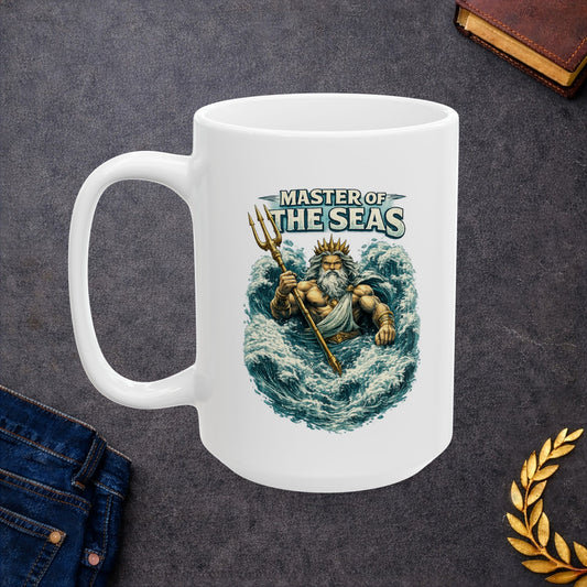 White Ceramic Mug with a  detailed, vintage-style illustration of the Greek god Poseidon rising from turbulent blue ocean waves. He is depicted as a powerful, muscular figure with a long white beard and a golden crown, gripping a gleaming golden trident. Above him, the words "MASTER OF THE SEAS" are displayed in a bold, weathered white font. The artwork features a textured, etched aesthetic against a dark background.