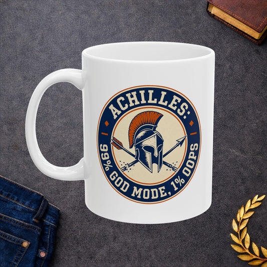 White ceramic mug with a circular, vintage-style athletic emblem dedicated to Achilles. At the center is a detailed Trojan or Greek helmet with an orange crest, positioned over a crossed spear and a broken arrow. The design uses a dark blue, cream, and orange color palette. Bold block text wrapping around the border reads "ACHILLES: 99% GOD MODE, 1% OOPS," referencing his mythological weakness.