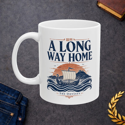 White ceramic mug with a Vintage Greek mythology  design inspired by The Odyssey, featuring an ancient Greek ship sailing across rolling blue waves toward a distant island and temple beneath a terracotta sunset. Bold distressed text reads "A Long Way Home," with "The Odyssey" below, symbolizing Odysseus' legendary journey back to Ithaca.