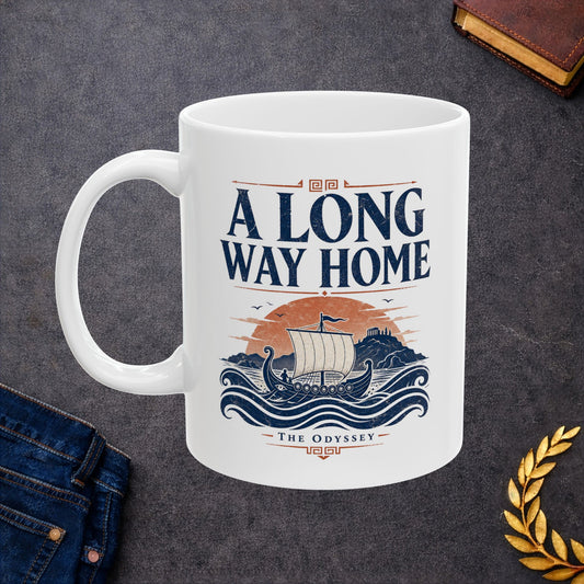 White ceramic mug with a Vintage Greek mythology  design inspired by The Odyssey, featuring an ancient Greek ship sailing across rolling blue waves toward a distant island and temple beneath a terracotta sunset. Bold distressed text reads "A Long Way Home," with "The Odyssey" below, symbolizing Odysseus' legendary journey back to Ithaca.