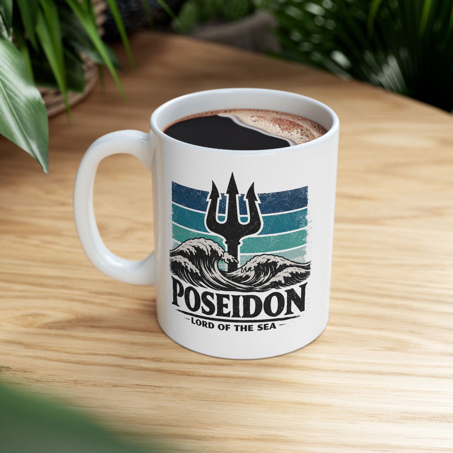 White ceramic mug with retro design featuring Poseidon's black trident rising from stylized ocean waves with white foam caps. Background shows horizontal stripes in graduated teal and turquoise tones suggesting ocean depths. Bold distressed black text reads 'POSEIDON' with 'LORD OF THE SEA' below in smaller lettering. Vintage screen-print aesthetic celebrates the Greek god of the sea with powerful, nautical imagery.