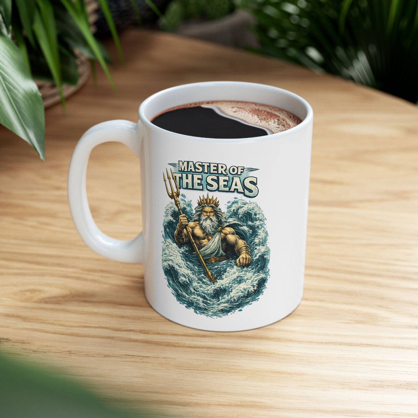 White Ceramic Mug with a  detailed, vintage-style illustration of the Greek god Poseidon rising from turbulent blue ocean waves. He is depicted as a powerful, muscular figure with a long white beard and a golden crown, gripping a gleaming golden trident. Above him, the words "MASTER OF THE SEAS" are displayed in a bold, weathered white font. The artwork features a textured, etched aesthetic against a dark background.