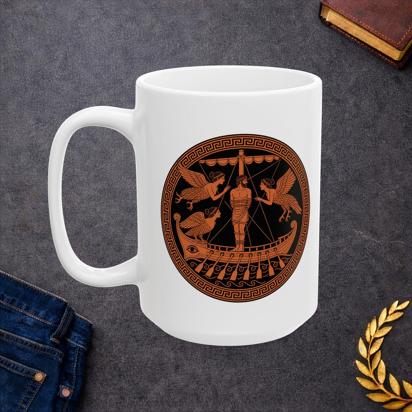 White ceramic mug with an Ancient Greek red-figure pottery style illustration of Odysseus bound to the mast encountering the Sirens. A bearded man is tied to the central mast, surrounded by three winged Sirens with women's heads and bird bodies in flight and perched. The ship features an eye on the hull and decorative oars. Rendered in terracotta orange and black with Greek key pattern border. Celebrates the famous Homeric episode of temptation and the hero's clever resistance.