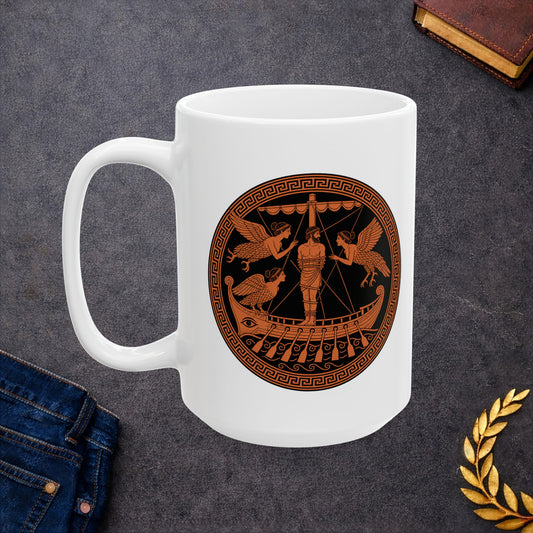 White ceramic mug with an Ancient Greek red-figure pottery style illustration of Odysseus bound to the mast encountering the Sirens. A bearded man is tied to the central mast, surrounded by three winged Sirens with women's heads and bird bodies in flight and perched. The ship features an eye on the hull and decorative oars. Rendered in terracotta orange and black with Greek key pattern border. Celebrates the famous Homeric episode of temptation and the hero's clever resistance.