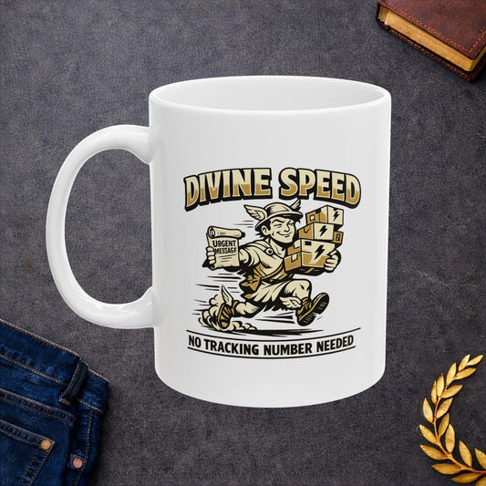 White ceramic mug with a retro, gold-and-cream cartoon illustration of Hermes, the Greek messenger god, rushing to deliver packages. He wears a winged helmet and sandals, carrying a stack of boxes marked with lightning bolts in one arm and holding an "URGENT MESSAGE" scroll in the other. Arching text above reads "DIVINE SPEED," while the caption below states "NO TRACKING NUMBER NEEDED."