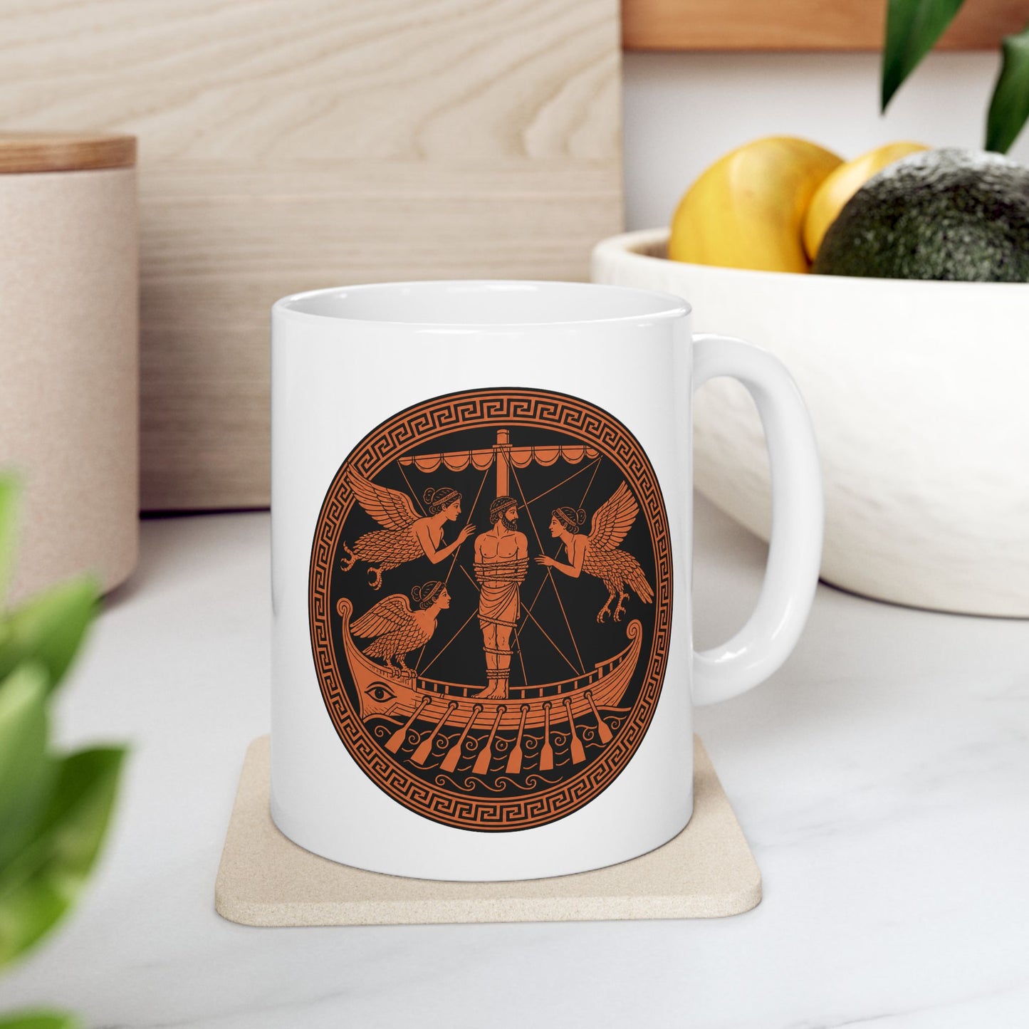White ceramic mug with an Ancient Greek red-figure pottery style illustration of Odysseus bound to the mast encountering the Sirens. A bearded man is tied to the central mast, surrounded by three winged Sirens with women's heads and bird bodies in flight and perched. The ship features an eye on the hull and decorative oars. Rendered in terracotta orange and black with Greek key pattern border. Celebrates the famous Homeric episode of temptation and the hero's clever resistance.
