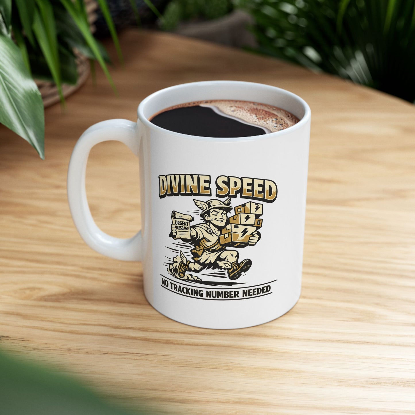 White ceramic mug with a retro, gold-and-cream cartoon illustration of Hermes, the Greek messenger god, rushing to deliver packages. He wears a winged helmet and sandals, carrying a stack of boxes marked with lightning bolts in one arm and holding an "URGENT MESSAGE" scroll in the other. Arching text above reads "DIVINE SPEED," while the caption below states "NO TRACKING NUMBER NEEDED."