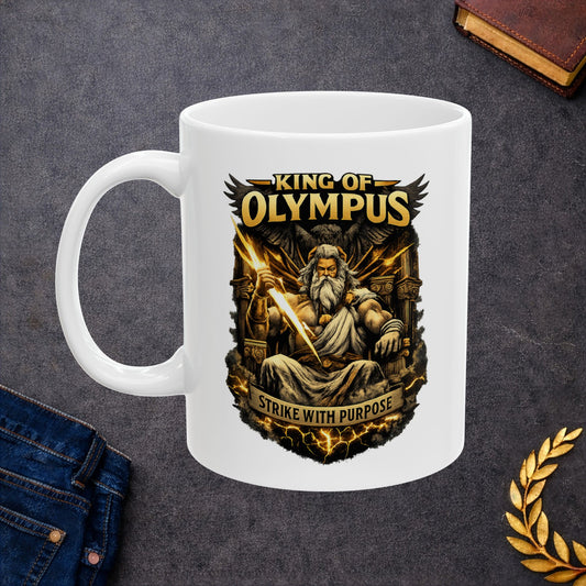 White ceramic mug with a powerful, high-contrast illustration of Zeus seated on a golden throne, holding a brilliantly glowing lightning bolt. He is depicted with a long white beard, stern expression, and muscular build, with a large dark eagle behind him. The bold golden text "KING OF OLYMPUS" arches at the top, and a weathered scroll at the bottom displays the inspiring slogan "STRIKE WITH PURPOSE."