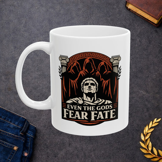 White ceramic mug with a bold, three-tone graphic in black, white, and terracotta. The design features a cracked marble bust of a Greek god positioned in front of three looming, hooded figures representing the Fates. This central imagery is framed by Ionic columns and a Greek key arch. Below, the text reads "EVEN THE GODS FEAR FATE" in a strong, weathered serif font. The aesthetic is inspired by ancient Greek pottery.