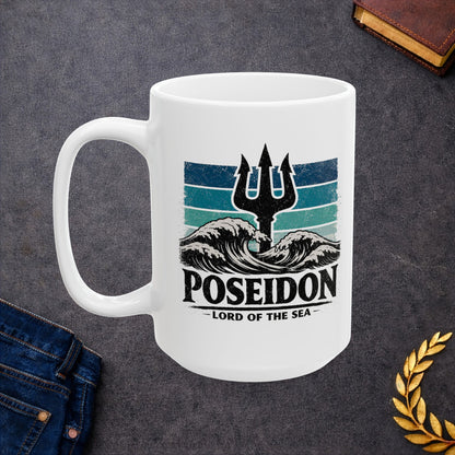 White ceramic mug with retro design featuring Poseidon's black trident rising from stylized ocean waves with white foam caps. Background shows horizontal stripes in graduated teal and turquoise tones suggesting ocean depths. Bold distressed black text reads 'POSEIDON' with 'LORD OF THE SEA' below in smaller lettering. Vintage screen-print aesthetic celebrates the Greek god of the sea with powerful, nautical imagery.