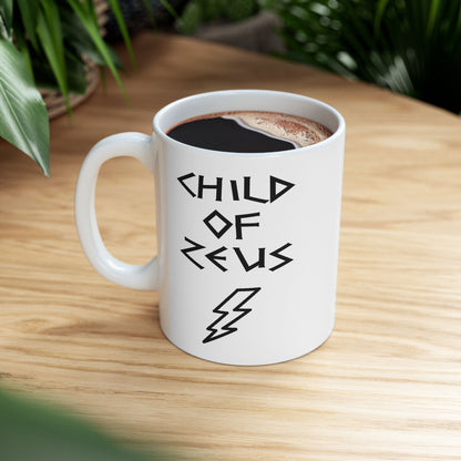 A minimalist black graphic for a white ceramic mug featuring a large, central outline of a lightning bolt. Above the bolt, the text "CHILD OF ZEUS" is written in a sharp, angular font inspired by ancient Greek inscriptions. The entire design is rendered in a clean, high-contrast black outline style.