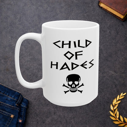 A bold, dark-themed graphic for a white ceramic mug. The design features a large, detailed outline of a skull and crossbones at the center. Above the skull, the words "CHILD OF HADES" are written in a sharp, ancient Greek-inspired angular font. The entire design is rendered in a clean, high-contrast black outline style.