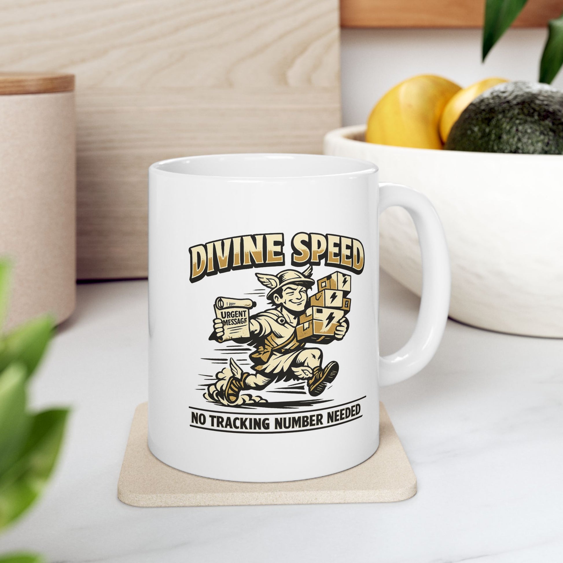 White ceramic mug with a retro, gold-and-cream cartoon illustration of Hermes, the Greek messenger god, rushing to deliver packages. He wears a winged helmet and sandals, carrying a stack of boxes marked with lightning bolts in one arm and holding an "URGENT MESSAGE" scroll in the other. Arching text above reads "DIVINE SPEED," while the caption below states "NO TRACKING NUMBER NEEDED."