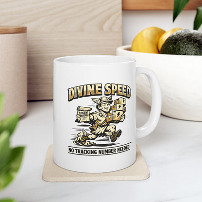 White ceramic mug with a retro, gold-and-cream cartoon illustration of Hermes, the Greek messenger god, rushing to deliver packages. He wears a winged helmet and sandals, carrying a stack of boxes marked with lightning bolts in one arm and holding an "URGENT MESSAGE" scroll in the other. Arching text above reads "DIVINE SPEED," while the caption below states "NO TRACKING NUMBER NEEDED."