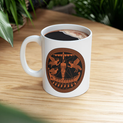 White ceramic mug with an Ancient Greek red-figure pottery style illustration of Odysseus bound to the mast encountering the Sirens. A bearded man is tied to the central mast, surrounded by three winged Sirens with women's heads and bird bodies in flight and perched. The ship features an eye on the hull and decorative oars. Rendered in terracotta orange and black with Greek key pattern border. Celebrates the famous Homeric episode of temptation and the hero's clever resistance.