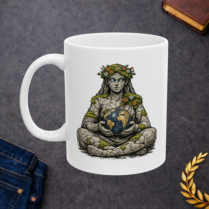 White ceramic mug with an atmospheric illustration of Gaia, the Greek personification of Earth. Depicted as a stone statue sitting cross-legged, her body is covered in patches of green moss and small orange and white flowers. She has glowing white eyes and holds a textured blue and gold globe of the Earth in her hands against a black background. The design features a gritty, ancient, and natural aesthetic.