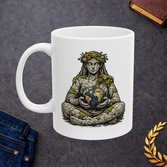 White ceramic mug with an atmospheric illustration of Gaia, the Greek personification of Earth. Depicted as a stone statue sitting cross-legged, her body is covered in patches of green moss and small orange and white flowers. She has glowing white eyes and holds a textured blue and gold globe of the Earth in her hands against a black background. The design features a gritty, ancient, and natural aesthetic.