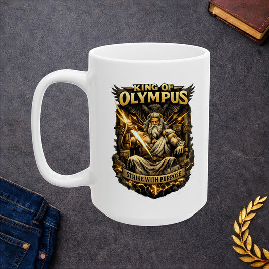 White ceramic mug with a powerful, high-contrast illustration of Zeus seated on a golden throne, holding a brilliantly glowing lightning bolt. He is depicted with a long white beard, stern expression, and muscular build, with a large dark eagle behind him. The bold golden text "KING OF OLYMPUS" arches at the top, and a weathered scroll at the bottom displays the inspiring slogan "STRIKE WITH PURPOSE."