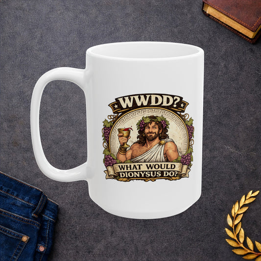 White ceramic mug with a vintage-style illustration of Dionysus, the Greek god of wine, smiling as he raises a golden goblet splashing with red wine. He wears a toga, a laurel wreath interwoven with purple grapes, and is framed by a circular Greek key pattern and clusters of grapes. Banners above and below read "WWDD?" and "WHAT WOULD DIONYSUS DO?" The design features a detailed, textured classical aesthetic.