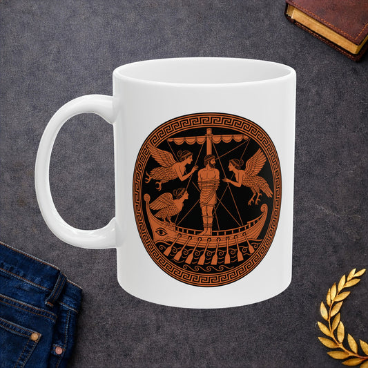 White ceramic mug with an Ancient Greek red-figure pottery style illustration of Odysseus bound to the mast encountering the Sirens. A bearded man is tied to the central mast, surrounded by three winged Sirens with women's heads and bird bodies in flight and perched. The ship features an eye on the hull and decorative oars. Rendered in terracotta orange and black with Greek key pattern border. Celebrates the famous Homeric episode of temptation and the hero's clever resistance.