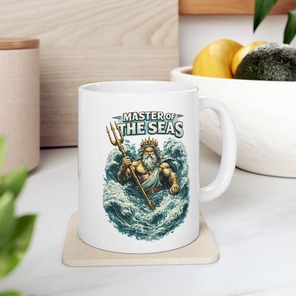 White Ceramic Mug with a  detailed, vintage-style illustration of the Greek god Poseidon rising from turbulent blue ocean waves. He is depicted as a powerful, muscular figure with a long white beard and a golden crown, gripping a gleaming golden trident. Above him, the words "MASTER OF THE SEAS" are displayed in a bold, weathered white font. The artwork features a textured, etched aesthetic against a dark background.