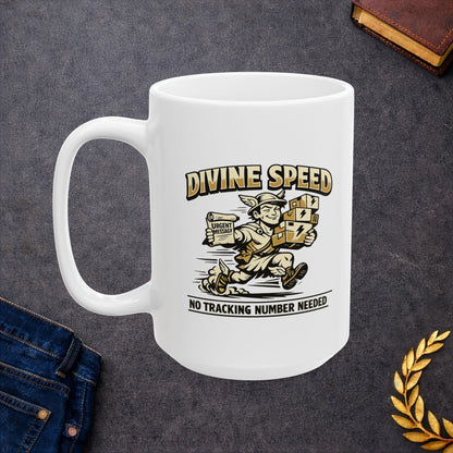 White ceramic mug with a retro, gold-and-cream cartoon illustration of Hermes, the Greek messenger god, rushing to deliver packages. He wears a winged helmet and sandals, carrying a stack of boxes marked with lightning bolts in one arm and holding an "URGENT MESSAGE" scroll in the other. Arching text above reads "DIVINE SPEED," while the caption below states "NO TRACKING NUMBER NEEDED."