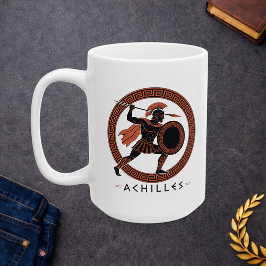White ceramic mug with a Ancient Greek pottery-style illustration of Achilles, the legendary Trojan War hero, in terracotta orange and black. The warrior wears a crested Corinthian helmet, pleated skirt, and flowing cape while raising a spear in dynamic battle pose. He holds a round shield with Greek key pattern. Enclosed in a circular meander pattern border. The name 'ACHILLES' appears below in geometric letters. Celebrates the hero's legendary martial strength.