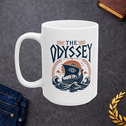 White ceramic mug with a Vintage Greek mythology white ceramic mug design inspired by The Odyssey, featuring Odysseus and his crew sailing an ancient Greek ship through powerful blue waves beneath a terracotta sunset. A watchful eye decorates the sail, framed by Greek key motifs and bold distressed "The Odyssey" lettering.