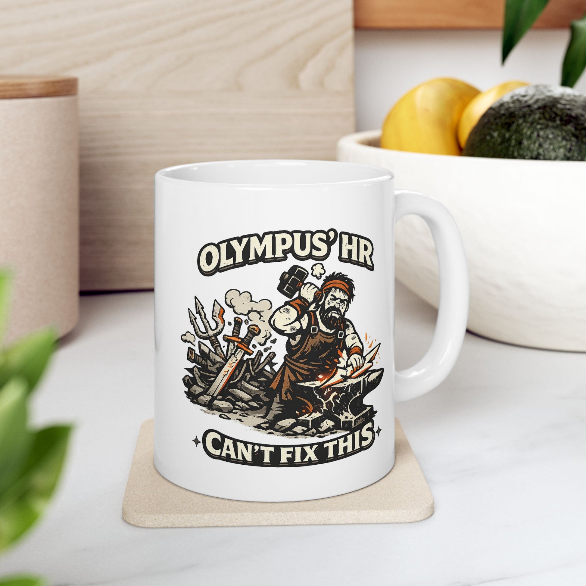 White ceramic mug with a humorous, gritty black-and-orange illustration of the Greek god Hephaestus working furiously at his anvil. He raises a heavy blacksmith hammer to forge a jagged bolt of lightning amidst flying sparks. A chaotic pile of broken swords and tridents rests behind him. Arching text above and below the scene reads "OLYMPUS' HR CAN'T FIX THIS" in a bold, rugged cream font.