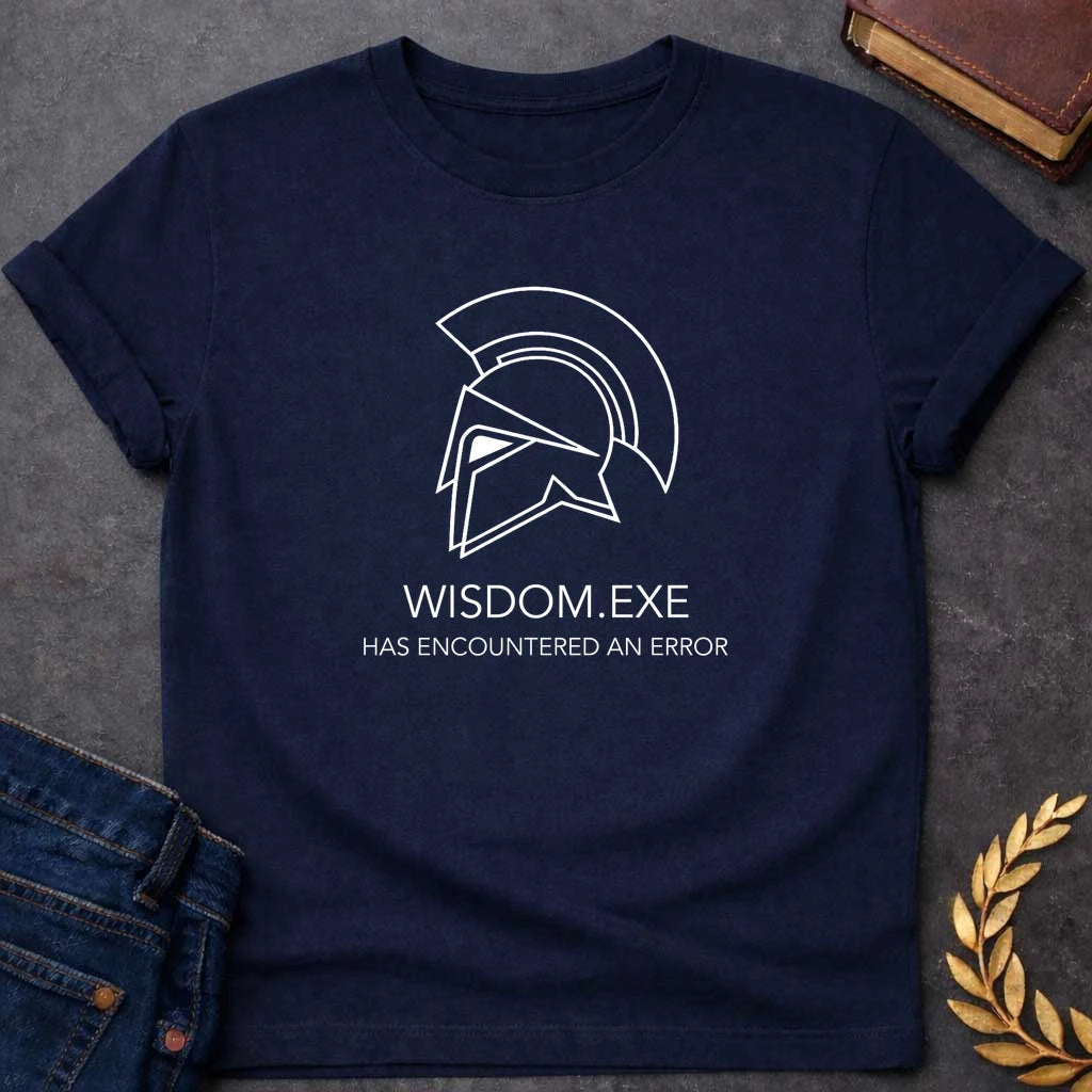 athena wisdom exe has encountered a problem greek mythology adult shirt featuring owl, laurel wreath, wisdom symbolism in vintage Greek mythology design