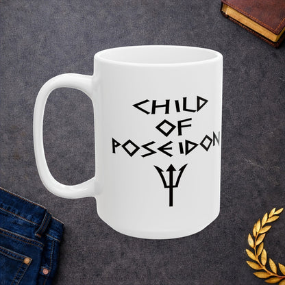 A minimalist black graphic for a white ceramic mug featuring a central silhouette of a trident. Above the trident, the text "SON OF POSEIDON" is written in a sharp, angular font reminiscent of ancient Greek epigraphy. The entire design is rendered in a clean, high-contrast black style.