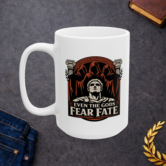 White ceramic mug with a bold, three-tone graphic in black, white, and terracotta. The design features a cracked marble bust of a Greek god positioned in front of three looming, hooded figures representing the Fates. This central imagery is framed by Ionic columns and a Greek key arch. Below, the text reads "EVEN THE GODS FEAR FATE" in a strong, weathered serif font. The aesthetic is inspired by ancient Greek pottery.