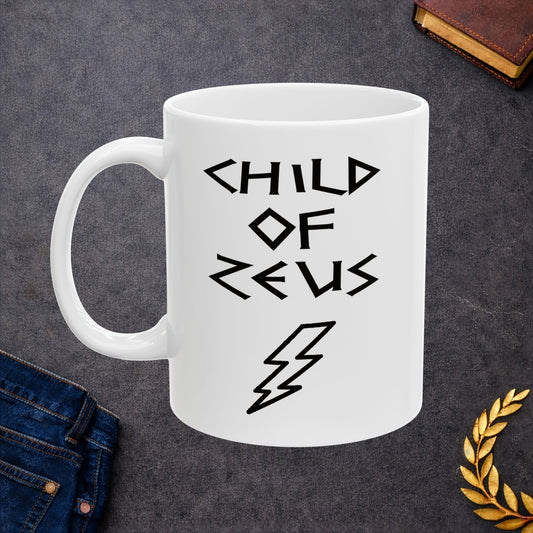 A minimalist black graphic for a white ceramic mug featuring a large, central outline of a lightning bolt. Above the bolt, the text "CHILD OF ZEUS" is written in a sharp, angular font inspired by ancient Greek inscriptions. The entire design is rendered in a clean, high-contrast black outline style.