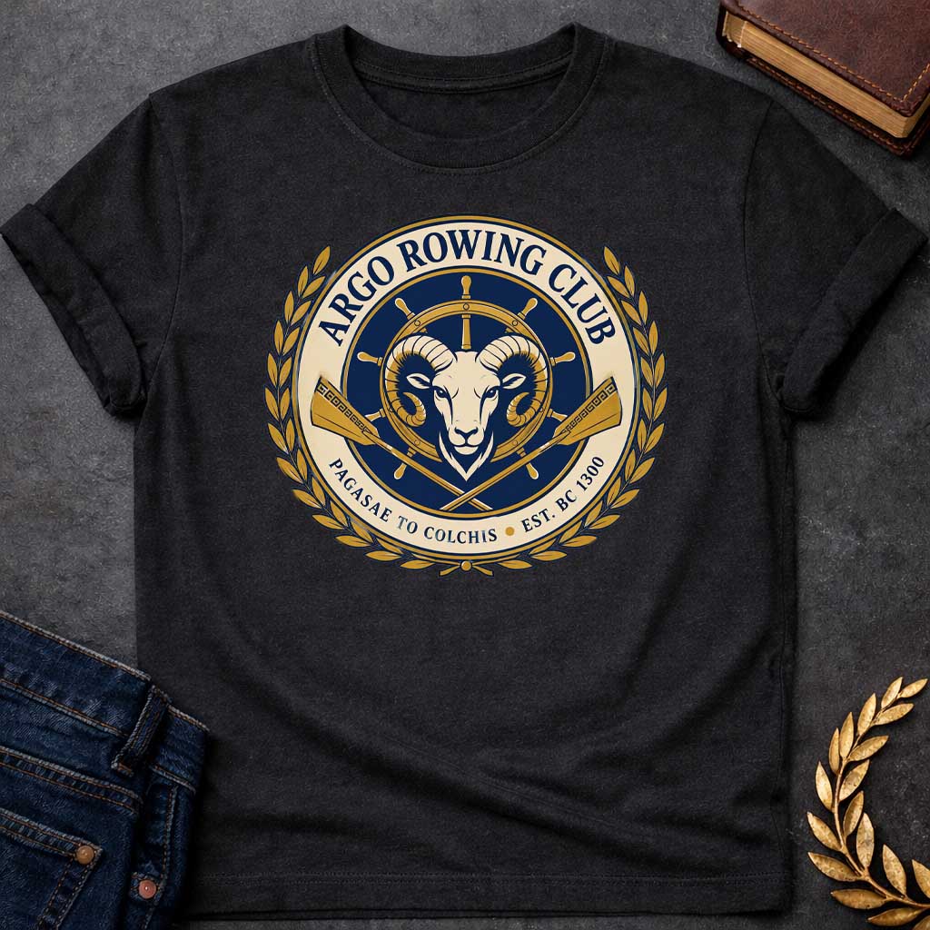Black T-shirt with A Nautical emblem of Argo Rowing Club in navy and gold featuring a golden ram's head at center, representing the mythological golden fleece. A ship's wheel rises above, flanked by crossed oars with Greek key patterns. Laurel wreaths frame the circular design. Text reads 'Argo Rowing Club' and 'Pacasae to Colchis Est. BRC 1300.' Celebrates the legendary quest of Jason and the Argonauts with modern rowing club aesthetics and classical maritime imagery.