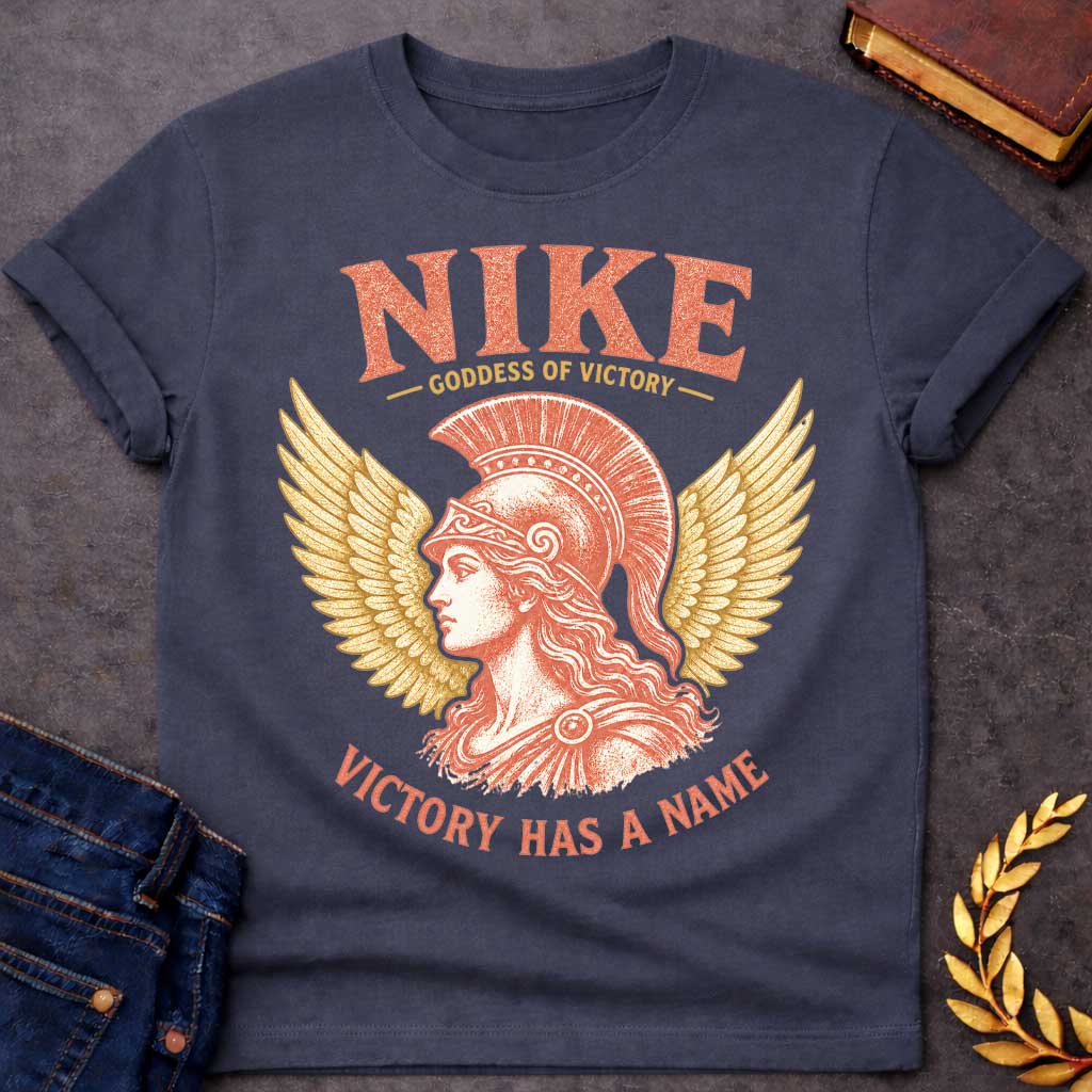 Dark Heather t-shirt with a Vintage Nike Greek mythology design featuring the goddess of victory in profile wearing a classical crested helmet, framed by large golden wings. Distressed terracotta and gold artwork includes the text “Nike,” “Goddess of Victory,” and “Victory Has a Name,” celebrating strength, triumph, and ancient Greek mythology.