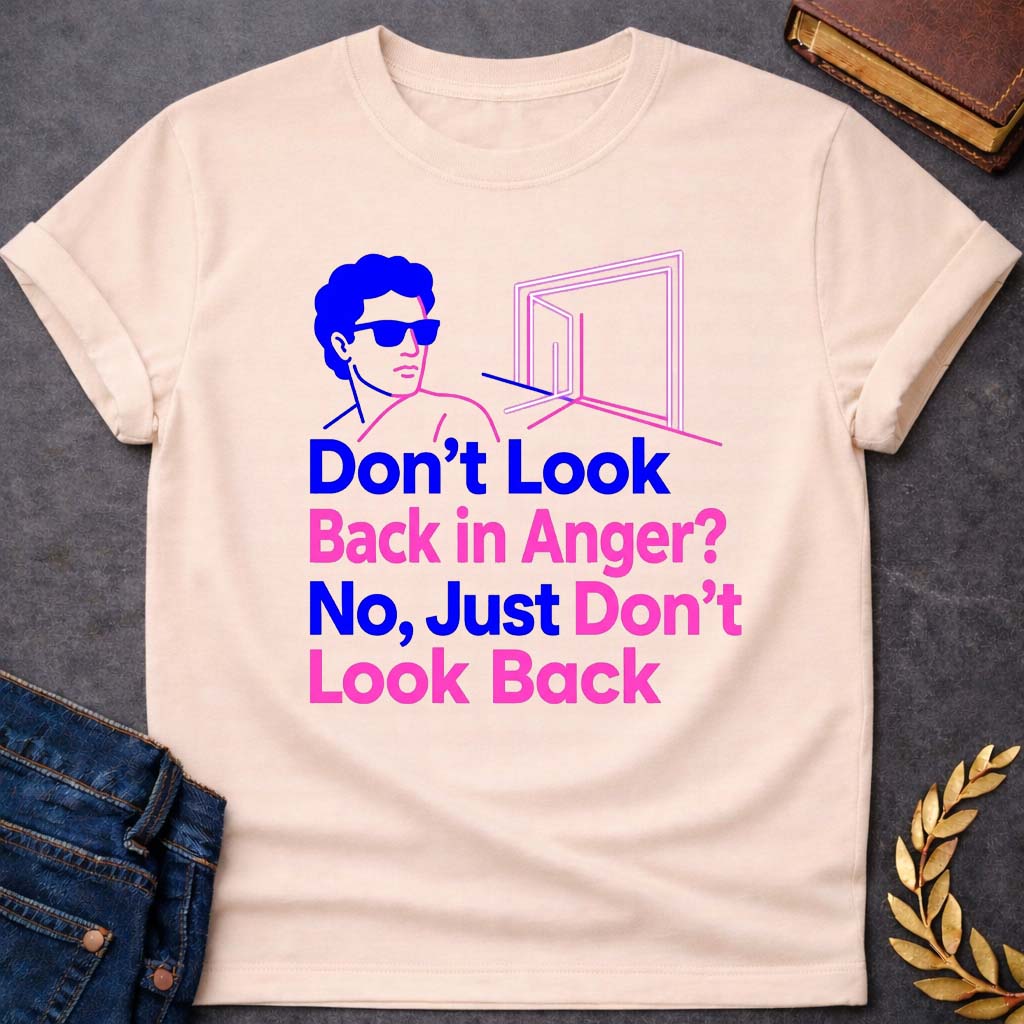 Natural t-shirt in bold retro pop-art line style: a blue-outlined man in sunglasses (Orpheus-inspired) faces away from a glowing pink doorway. Large stacked text below alternates between blue and pink lettering