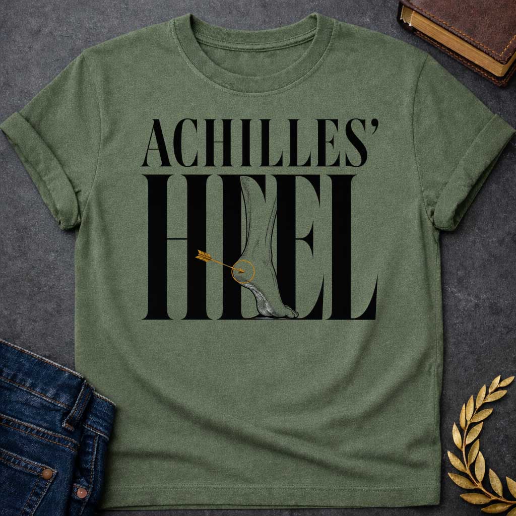 Military Green t-shirt with Minimalist Greek mythology design featuring bold typography reading "Achilles’ Heel," with an illustrated foot and ankle integrated into the lettering. A golden arrow pierces the heel, highlighted by a circular target detail to symbolize Achilles’ legendary weak spot. The dramatic black, gray, and gold design creates a modern take on the famous myth of Achilles.