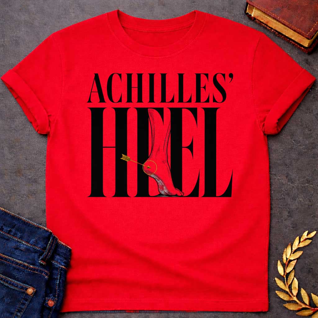 Red t-shirt with Minimalist Greek mythology design featuring bold typography reading "Achilles’ Heel," with an illustrated foot and ankle integrated into the lettering. A golden arrow pierces the heel, highlighted by a circular target detail to symbolize Achilles’ legendary weak spot. The dramatic black, gray, and gold design creates a modern take on the famous myth of Achilles.