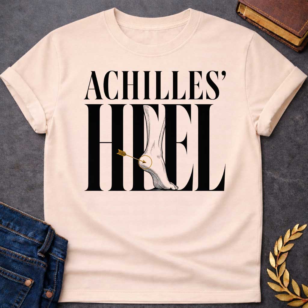 Natural t-shirt with Minimalist Greek mythology design featuring bold typography reading "Achilles’ Heel," with an illustrated foot and ankle integrated into the lettering. A golden arrow pierces the heel, highlighted by a circular target detail to symbolize Achilles’ legendary weak spot. The dramatic black, gray, and gold design creates a modern take on the famous myth of Achilles.