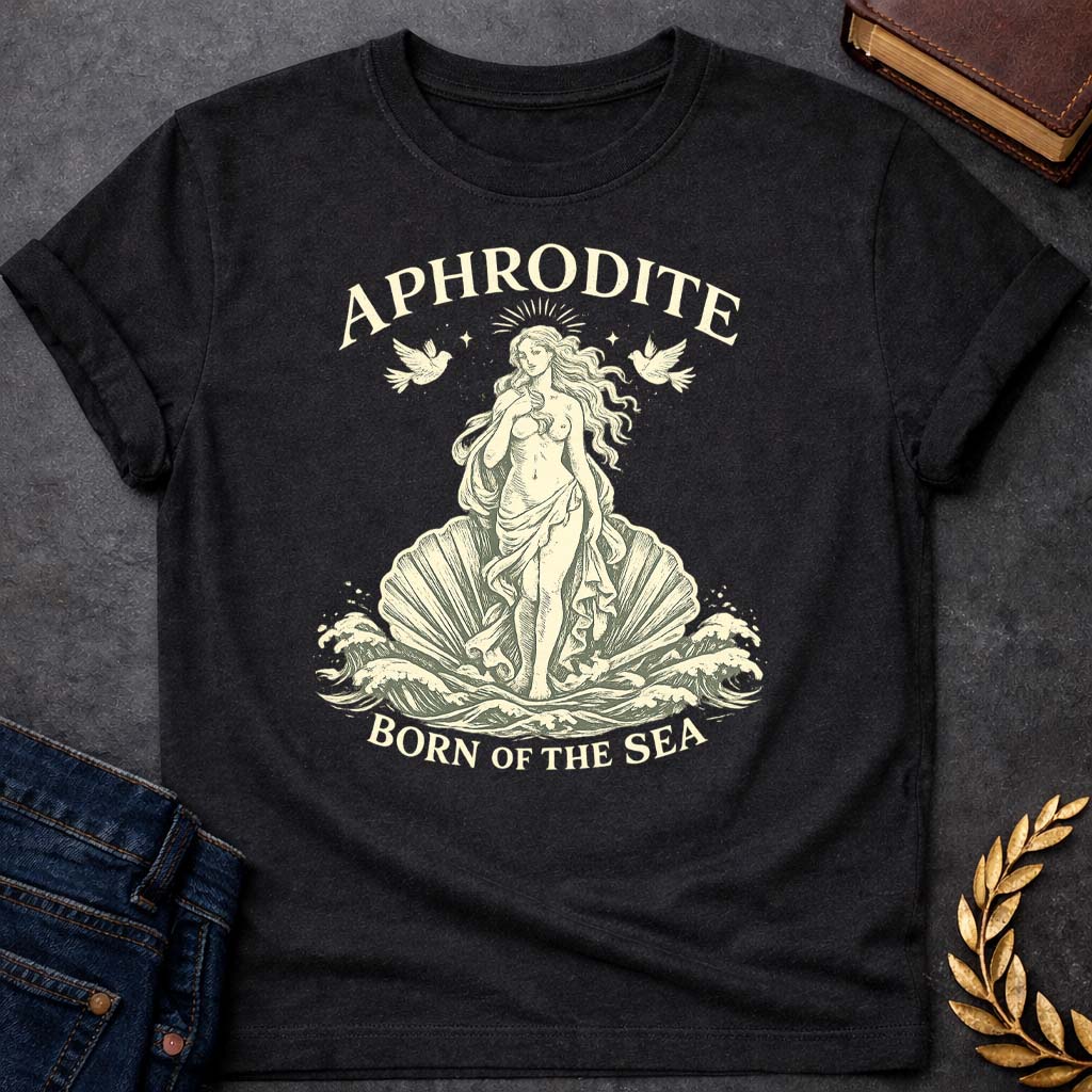 aphrodite born of the sea greek mythology youth heavy cotton™ tee featuring detailed Greek mythology artwork, symbolic design, and bold graphic style