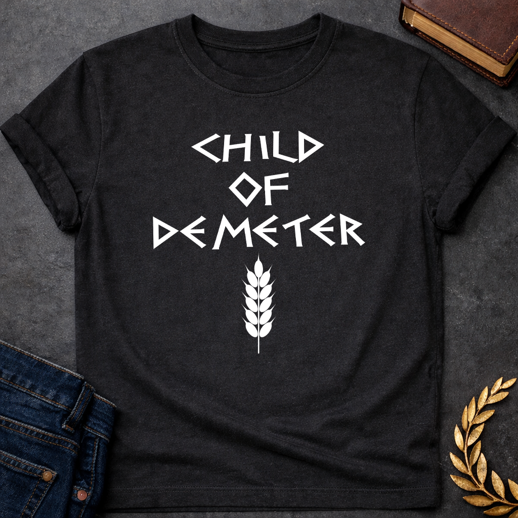 Child of Demeter Greek Mythology Adult T-Shirt featuring detailed Greek mythology artwork, symbolic design, and bold graphic style