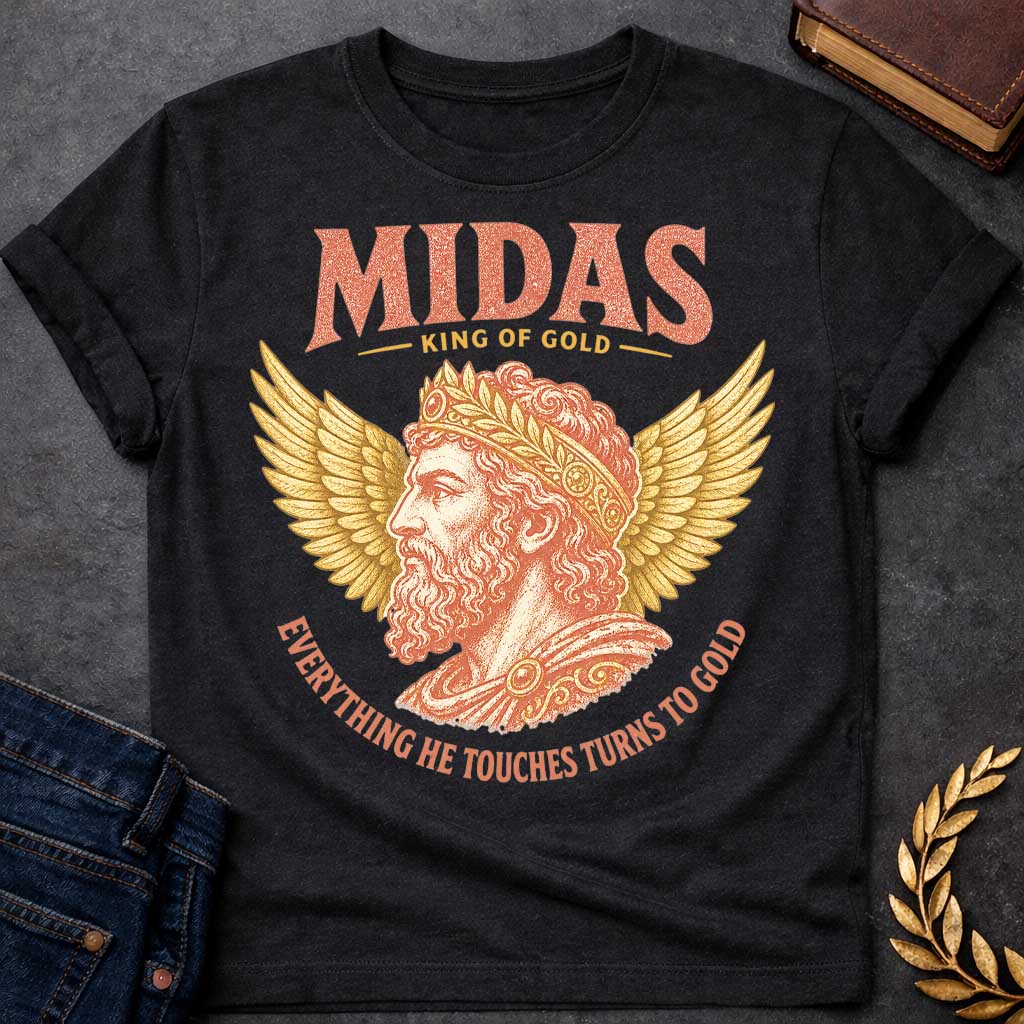Black t-shirt with a Vintage King Midas Greek mythology design featuring a regal bearded portrait wearing an ornate golden crown, framed by large gold wings. Distressed terracotta and gold artwork includes the text “Midas,” “King of Gold,” and “Everything He Touches Turns to Gold,” inspired by the legendary Midas touch.